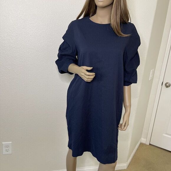 COS Dress Sz 10 Shift Textured Navy Poplin Puff Sleeve Shirt Pockets Minimalist - Picture 1 of 11